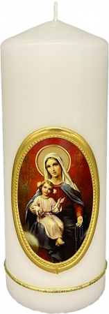 Rosenkranzkerze, Größe 7 x 19 cm, Maria mit Jesuskind und Rosenkranz
