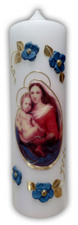 Marienkerze 7x25 cm, Maria mit dem Jesuskind und Wachsblumen